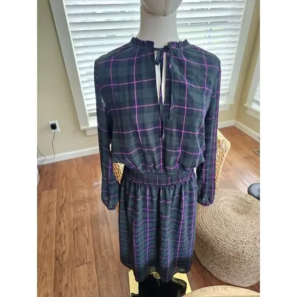 J. Crew Tartan Plaid Dress Ruffle Tie Collar Puff Sleeve Academia Preppy M NWT - Picture 1 of 14
